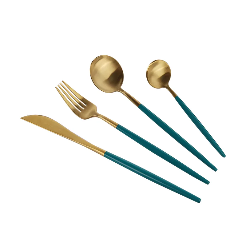 Green Handle Nordic Style 16pcs Flatware Set with Round Spoon Gold PVD 13/0 Stainless Steel