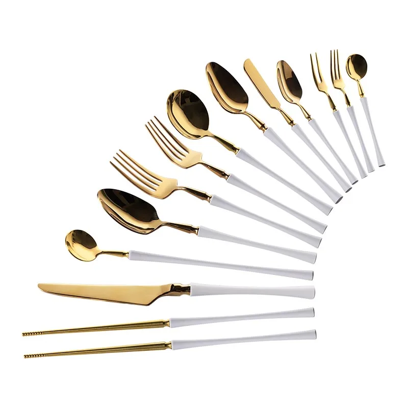 Luxury PVD gold 40pcs stainless steel flatware set with white handle Asia