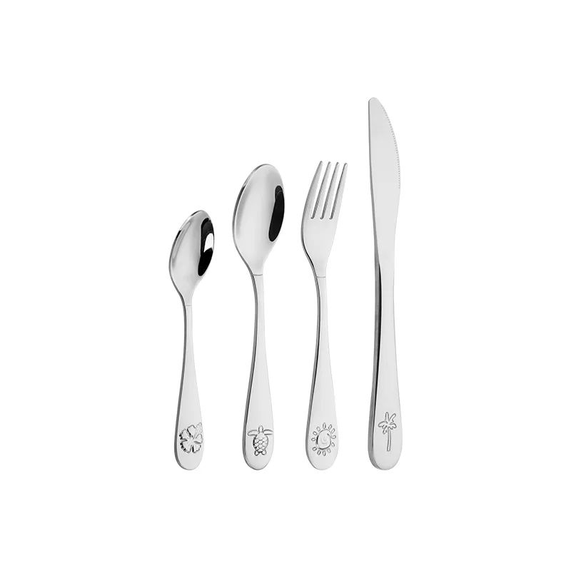 Stainless Steel Kids Cutlery Set, Engraved Tropical Pattern Children Tableware Spoon Fork Knife Set 18/8 Stainless Steel Mirror Polish